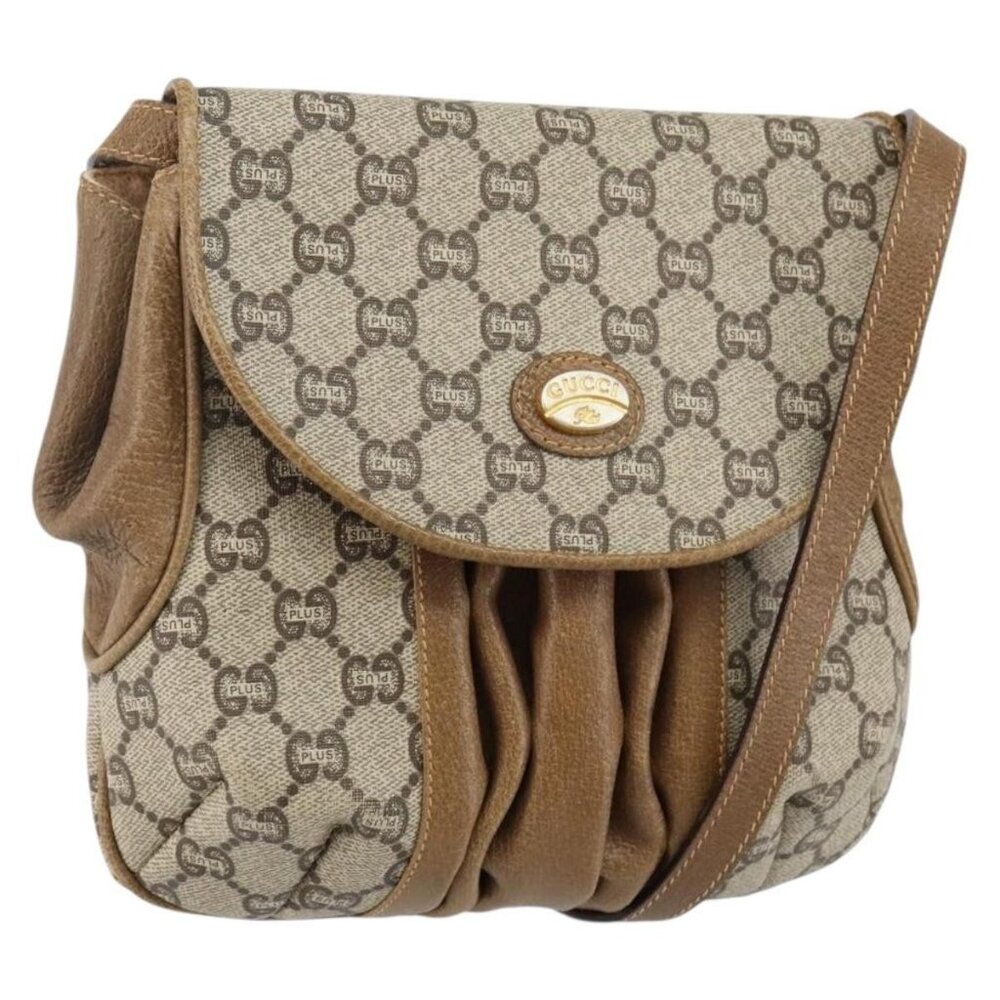 Authentic GUCCI GG Plus Supreme Shoulder Bag PVC Leather Beige Gold